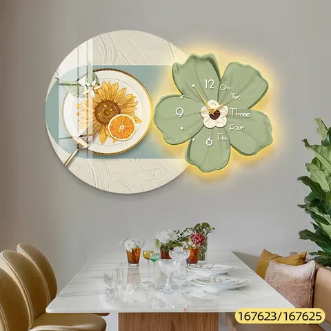 Light Luxury Creative Wall Clock Decoration Painting Background Wall Restaurant Nordic Flower Clock Led Acrylic Wall Clock