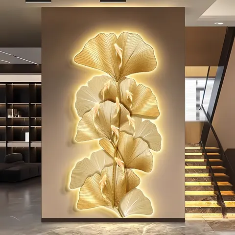 Light Luxury Gold Ginkgo Biloba Porch Crystal Porcelain Decor Painting Wall Art LED Light Painting Home Decor Paintings