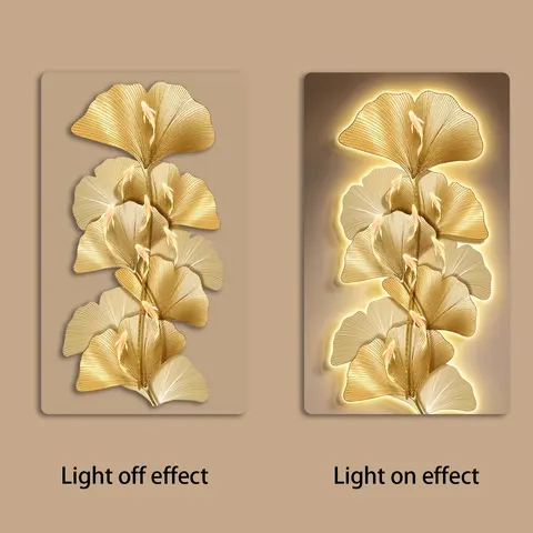 Light Luxury Gold Ginkgo Biloba Porch Crystal Porcelain Decor Painting Wall Art LED Light Painting Home Decor Paintings