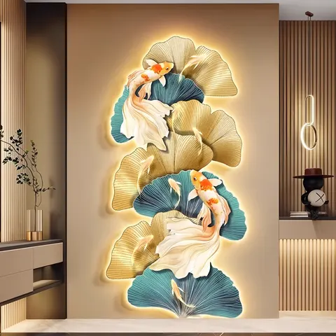 Light Luxury Gold Ginkgo Biloba Porch Crystal Porcelain Decor Painting Wall Art LED Light Painting Home Decor Paintings