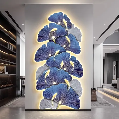 Light Luxury Gold Ginkgo Biloba Porch Crystal Porcelain Decor Painting Wall Art LED Light Painting Home Decor Paintings