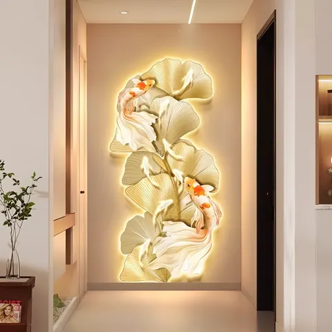 Light Luxury Gold Ginkgo Biloba Porch Crystal Porcelain Decor Painting Wall Art LED Light Painting Home Decor Paintings