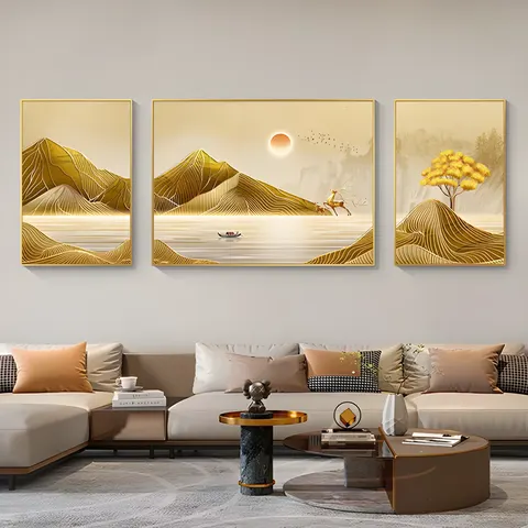 Light Luxury Living Room Wall Decor Painting Landscape Advanced Sense Sofa Background Wall Three Vice Crystal Porcelain Painting