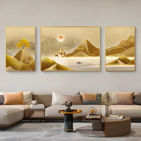 Light Luxury Living Room Wall Decor Painting Landscape Advanced Sense Sofa Background Wall Three Vice Crystal Porcelain Painting