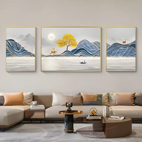 Light Luxury Living Room Wall Decor Painting Landscape Advanced Sense Sofa Background Wall Three Vice Crystal Porcelain Painting