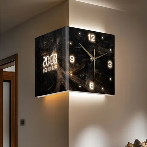 Living Room/Bedroom Double-Sided Acrylic Wall Clock with Abstract City Motif, Backlit, Silent Hands, and Digital Display