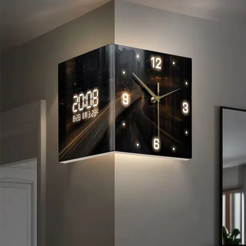 Living Room/Bedroom Double-Sided Acrylic Wall Clock with Abstract City Motif, Backlit, Silent Hands, and Digital Display