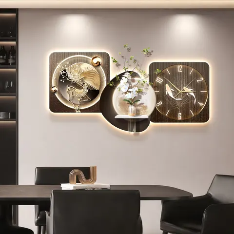 Living Room Clocks Art Decorative Painting Restaurant Background Wall Glowed Crystal Porcelain LED Painting