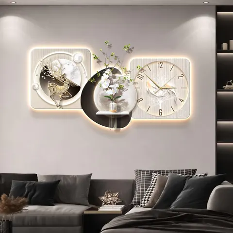 Living Room Clocks Art Decorative Painting Restaurant Background Wall Glowed Crystal Porcelain LED Painting