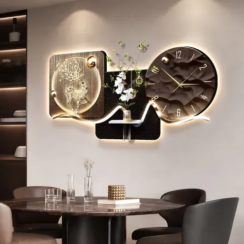 Living Room Clocks Art Decorative Painting Restaurant Background Wall Glowed Crystal Porcelain LED Painting