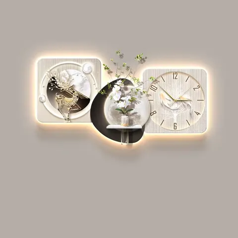 Living Room Clocks Art Decorative Painting Restaurant Background Wall Glowed Crystal Porcelain LED Painting