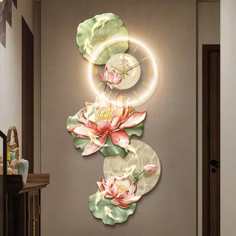 Living Room Corridor Background Wall Art Home Decor Painting Nine Fish Chart Lotus with Clock Acrylic LED Painting