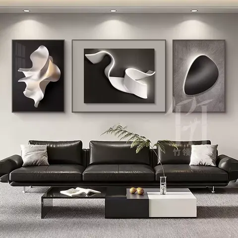Living Room Decorative Art: Lightly Luxurious, Modern, and Sophisticated Abstract Triptych for Sofa Backdrop