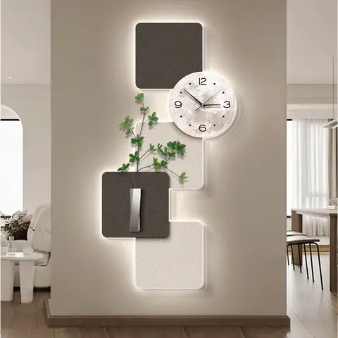 Living Room Entrance Art Decor Paintings Abstraction Geometry With a Clock Corridor Background Wall Sandstone LED Painting