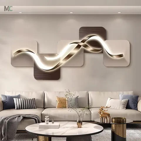 Living Room Geometric Gold Ribbon Wall Art Home Decor Painting with Led Light Sofa Background Wall Painting