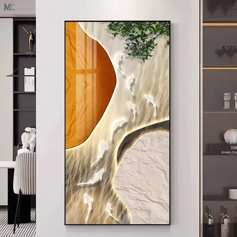 Living Room Nine Fish Figure Elk Wall Art Home Decor Painting Surface Inlaid with Diamonds LED Luminous Decorative Painting