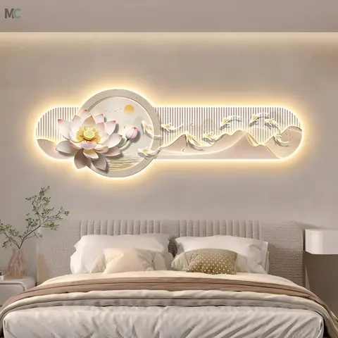 Living Room Nine Fish Map Lotus Crystal Porcelain Painting Sofa Background Wall Art LED Glow Home Decor Paintings