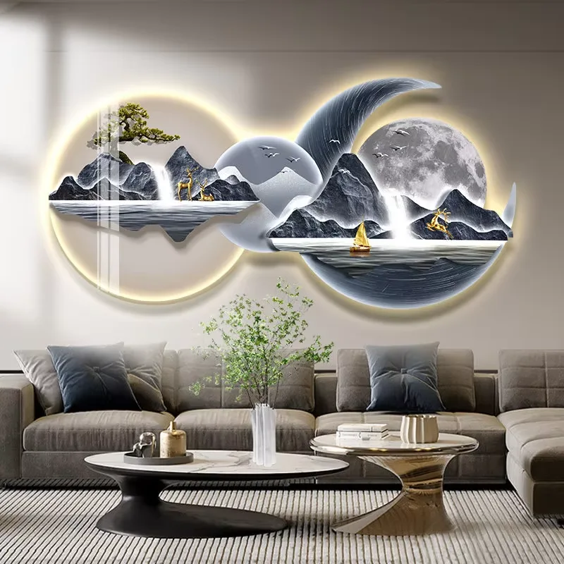 Living Room Sofa Backdrop Wall Crystal Porcelain Painting UV Engraving Glowed LED Decor Painting