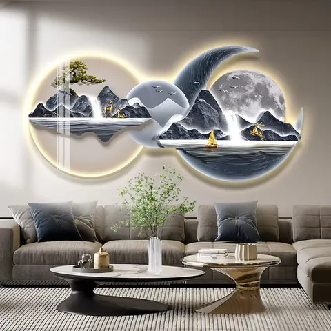 Living Room Sofa Backdrop Wall Crystal Porcelain Painting UV Engraving Glowed LED Decor Painting