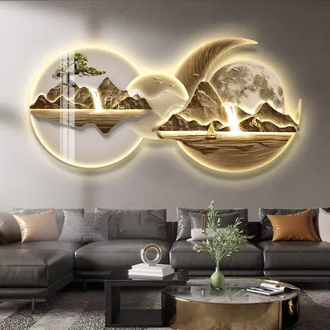 Living Room Sofa Backdrop Wall Crystal Porcelain Painting UV Engraving Glowed LED Decor Painting