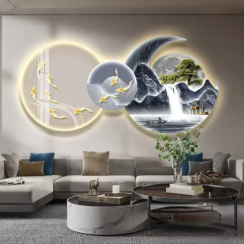 Living Room Sofa Backdrop Wall Crystal Porcelain Painting UV Engraving Glowed LED Decor Painting