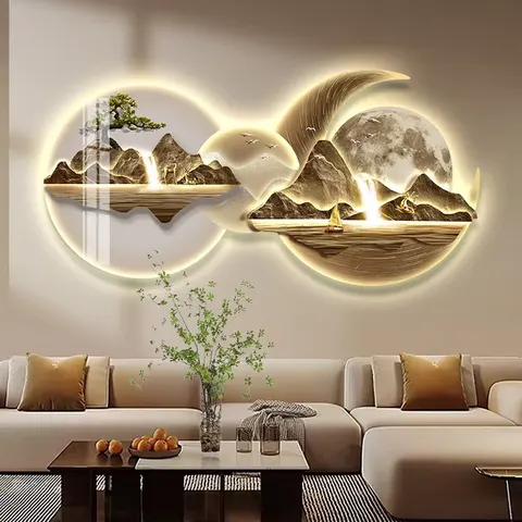 Living Room Sofa Backdrop Wall Crystal Porcelain Painting UV Engraving Glowed LED Decor Painting