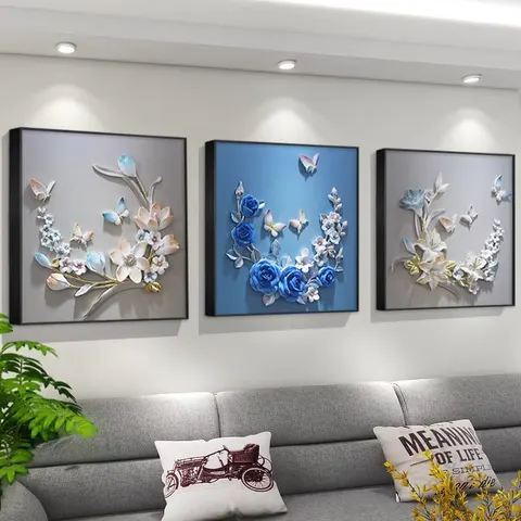 Living Room Sofa Background Wall Three-dimensional Relief Sculpture Triple Mural Painting Art Floral Paintings