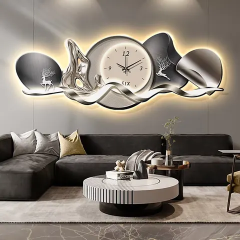 Living Room Sofa Background Wall With Clocks Art Decor Painting Luxury Glowed LED Decor Painting