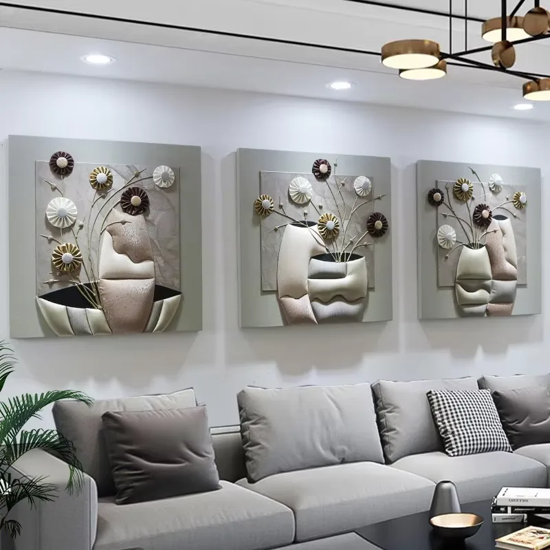 Living Room Triple Decorative Paintings Light Luxury Couch Background Wall 3D Solid Leather Painting