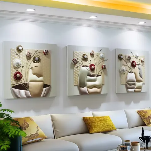 Living Room Triple Decorative Paintings Light Luxury Couch Background Wall 3D Solid Leather Painting