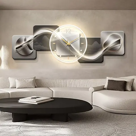 Living Room UV Engraving Art Decorative Painting With Clocks Wall Paintings Sofa Background Wall Acrylic LED Paintings