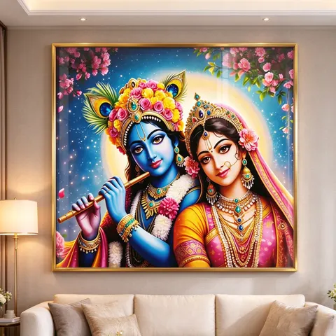Lord Krishna Flute Radha Krishna Framed Art Deco Paper Wall Painting Indian Religious Wall Art Ethnic Hindu God Wall Hanging