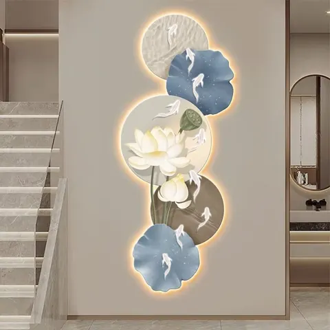 Lotus Flower Nine Fish Figure Porch Decorative Painting Paintings and Wall Arts Wall Art Home Decor Wall Art LED Light Painting