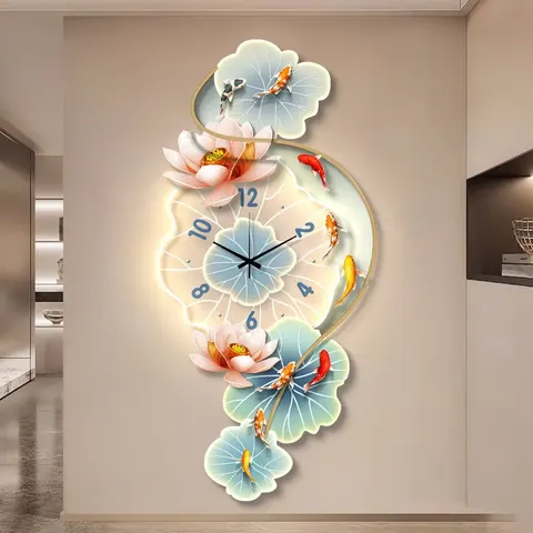 Lotus Nine Fish Diagram Entrance Hall Home Decor Paintings Clocks and Watches UV Engraving Acrylic LED Painting