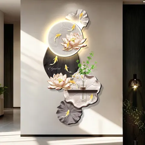 Lotus Nine Fish Diagram Led Art Decorative Painting Corridor Background Wall Hydroponic Plants Crystal Porcelain Painting