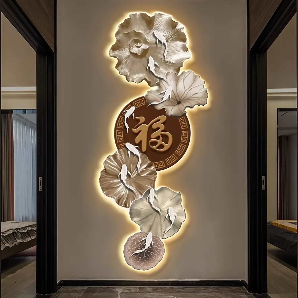 Lotus Nine-fish Picture Entrance Art Decor Decor Painting 3D Effect LED Glow Crystal Porcelain Painting