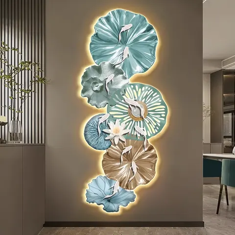 Lotus Nine-fish Picture Entrance Art Decor Decor Painting 3D Effect LED Glow Crystal Porcelain Painting