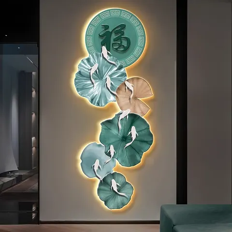 Lotus Nine-fish Picture Entrance Art Decor Decor Painting 3D Effect LED Glow Crystal Porcelain Painting