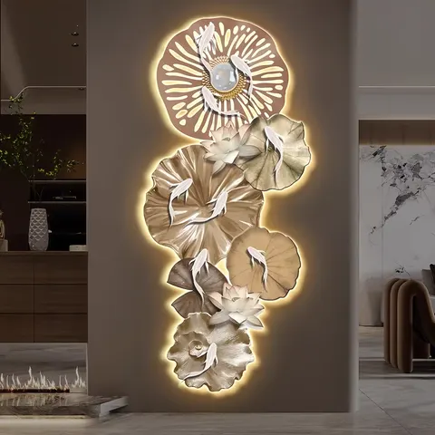 Lotus Nine-fish Picture Entrance Art Decor Decor Painting 3D Effect LED Glow Crystal Porcelain Painting