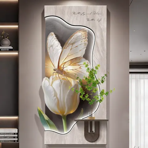Luxurious Butterfly Wall Surface Mural Painting Hydroponics Green Plants Sandstone Fabric Glowed LED Decor Painting