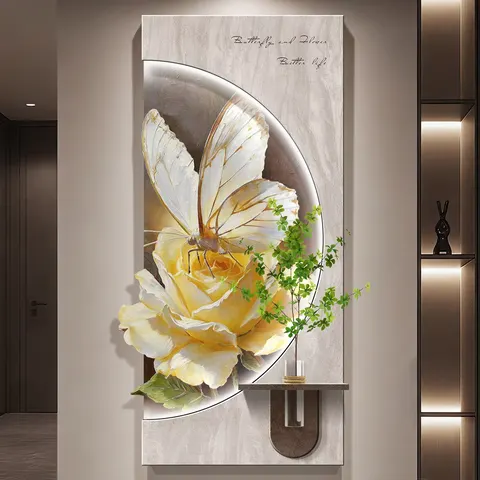 Luxurious Butterfly Wall Surface Mural Painting Hydroponics Green Plants Sandstone Fabric Glowed LED Decor Painting