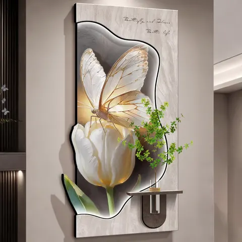 Luxurious Butterfly Wall Surface Mural Painting Hydroponics Green Plants Sandstone Fabric Glowed LED Decor Painting