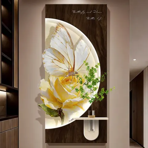 Luxurious Butterfly Wall Surface Mural Painting Hydroponics Green Plants Sandstone Fabric Glowed LED Decor Painting