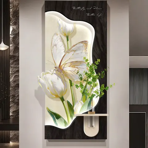 Luxurious Butterfly Wall Surface Mural Painting Hydroponics Green Plants Sandstone Fabric Glowed LED Decor Painting