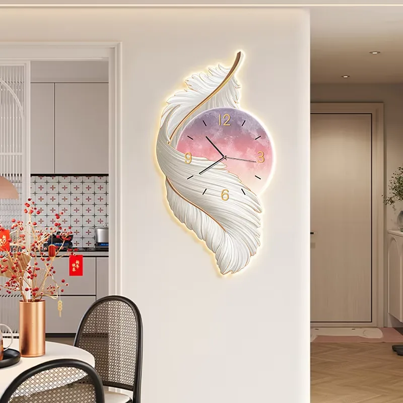 Luxurious Feathers Art Home Decor Painting UV Engraving With a Clock Crystal Porcelain LED Decor Painting