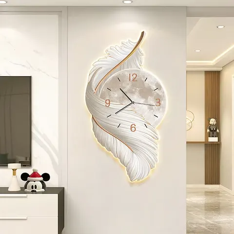 Luxurious Feathers Art Home Decor Painting UV Engraving With a Clock Crystal Porcelain LED Decor Painting