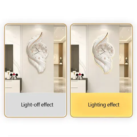 Luxurious Feathers Art Home Decor Painting UV Engraving With a Clock Crystal Porcelain LED Decor Painting
