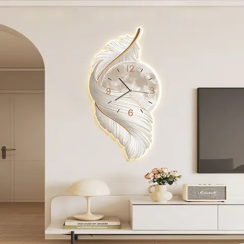Luxurious Feathers Art Home Decor Painting UV Engraving With a Clock Crystal Porcelain LED Decor Painting