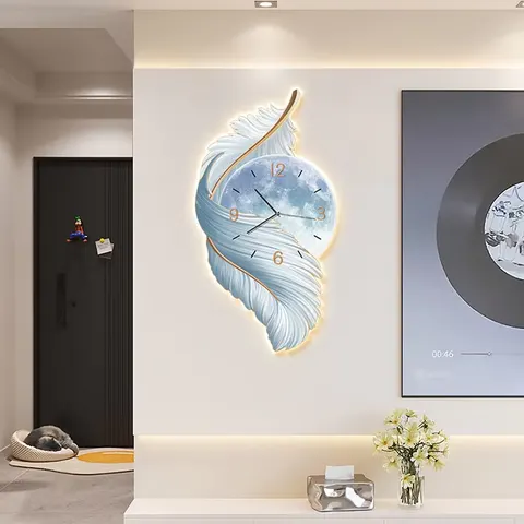Luxurious Feathers Art Home Decor Painting UV Engraving With a Clock Crystal Porcelain LED Decor Painting