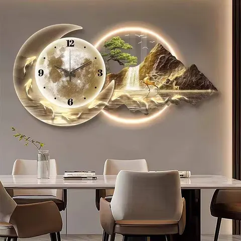 Luxurious Gold Landscape Clock Wall Art: Creative Restaurant Wall Clock for Dining Room or Living Room Decor